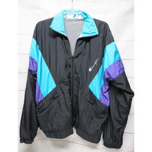 Vintage Champion Track Jacket Sz M Black Purple Aqua 80s 90s Nylon Windbreaker
